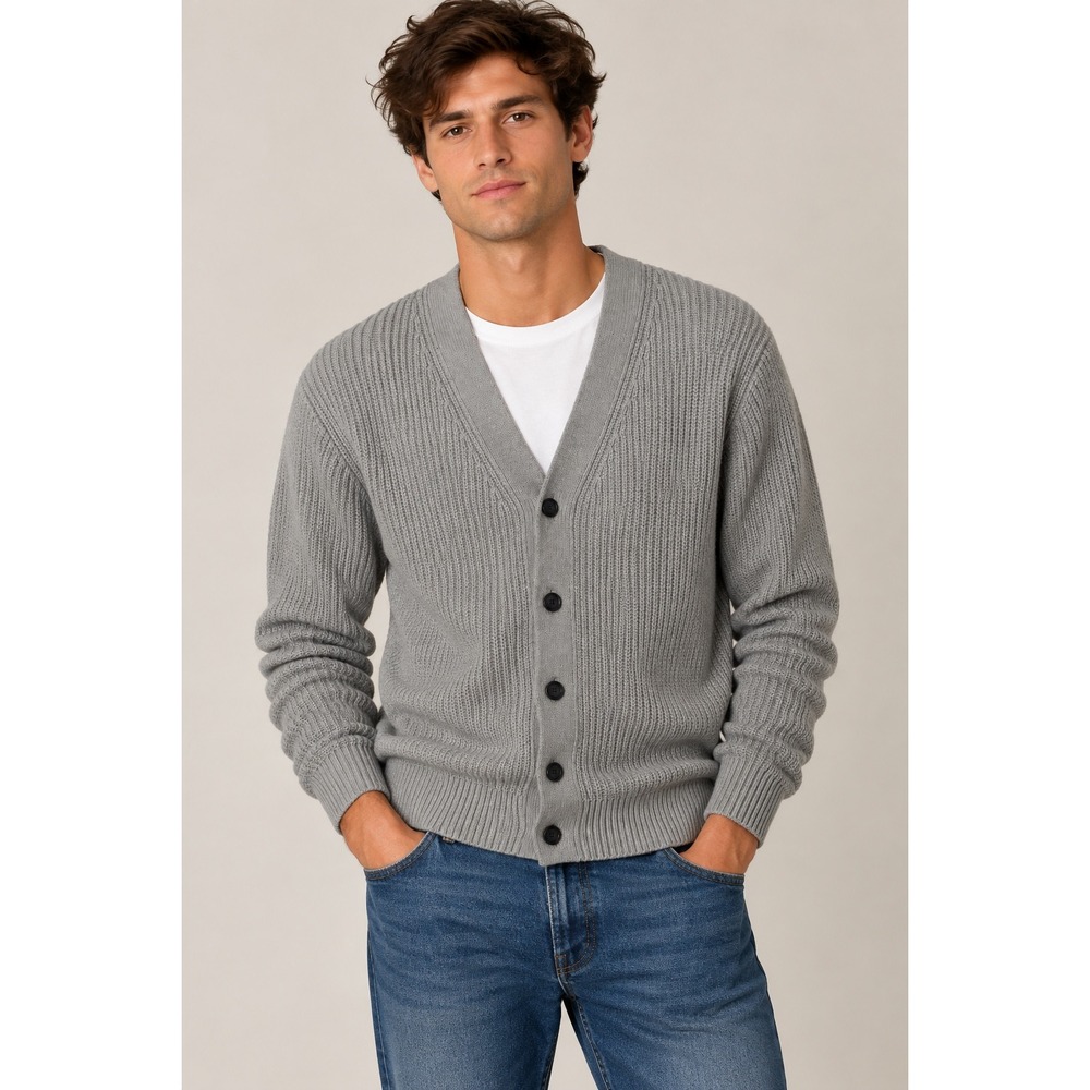 Uniqlo Gray Ribbed Knit Button Front Cardigan Sweater, M